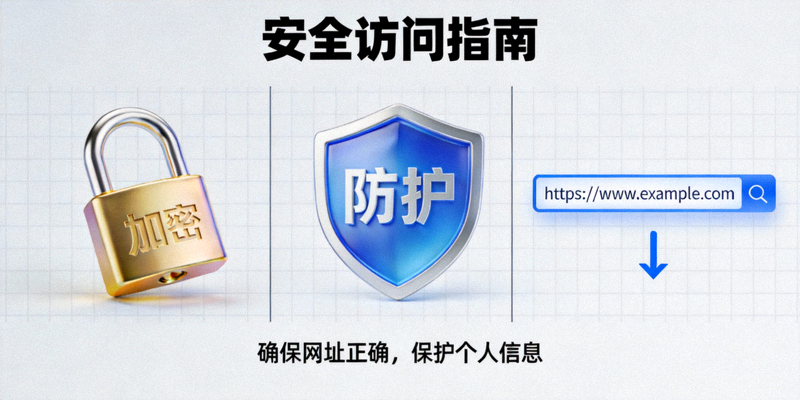 安全访问指南示意图，包含锁、盾牌和正确网址等元素