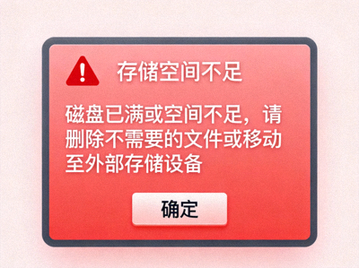 设备存储空间不足警告提示截图 - 显示磁盘已满或空间不足的对话框