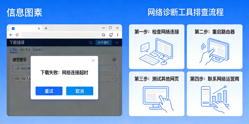显示下载错误提示的浏览器界面与网络诊断工具并排的排查流程图