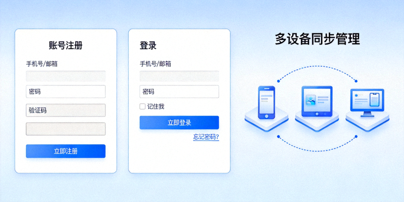 展示账号注册表单、登录界面以及在多个设备图标间同步连接状态的多设备管理示意图